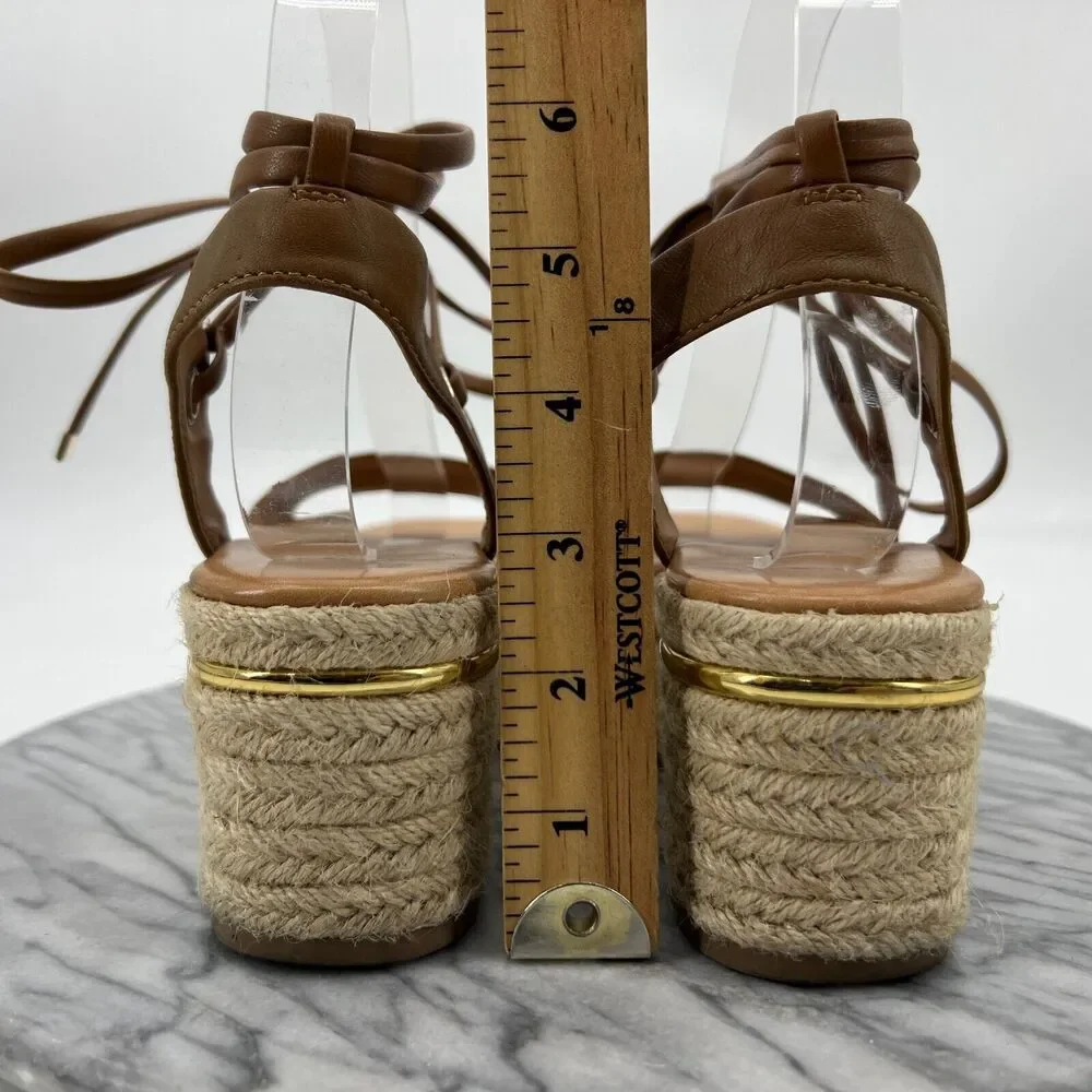 Bleecker & Bond Sandal Womens 7.5 Cognac Brown Odette Espadrille Leather Wedge